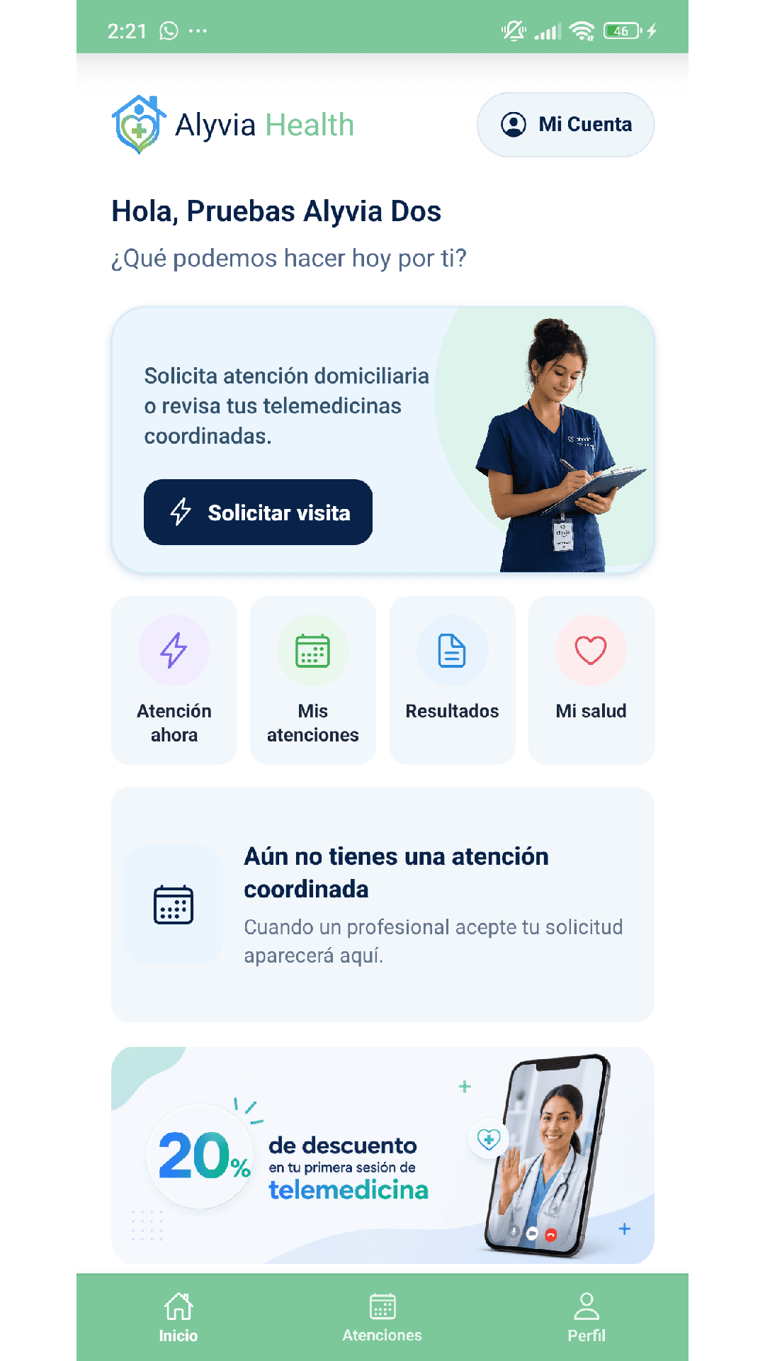Pantalla de inicio de la aplicación móvil Alyvia Health